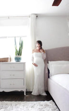 Strapless Long Sleeve A-Line Maternity Lace Wedding Dress with Train - Curvevia