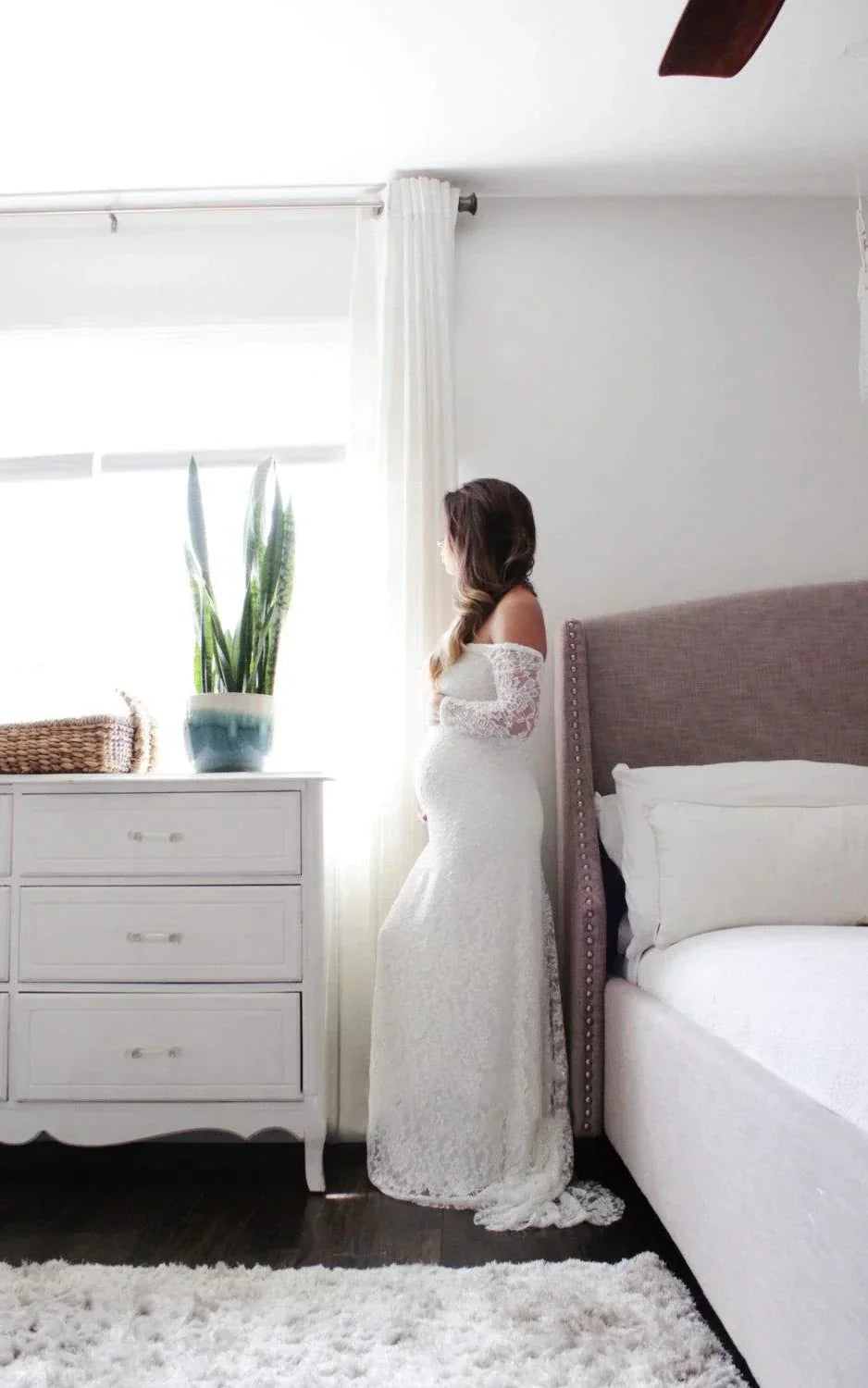 Strapless Long Sleeve A-Line Maternity Lace Wedding Dress with Train - Curvevia