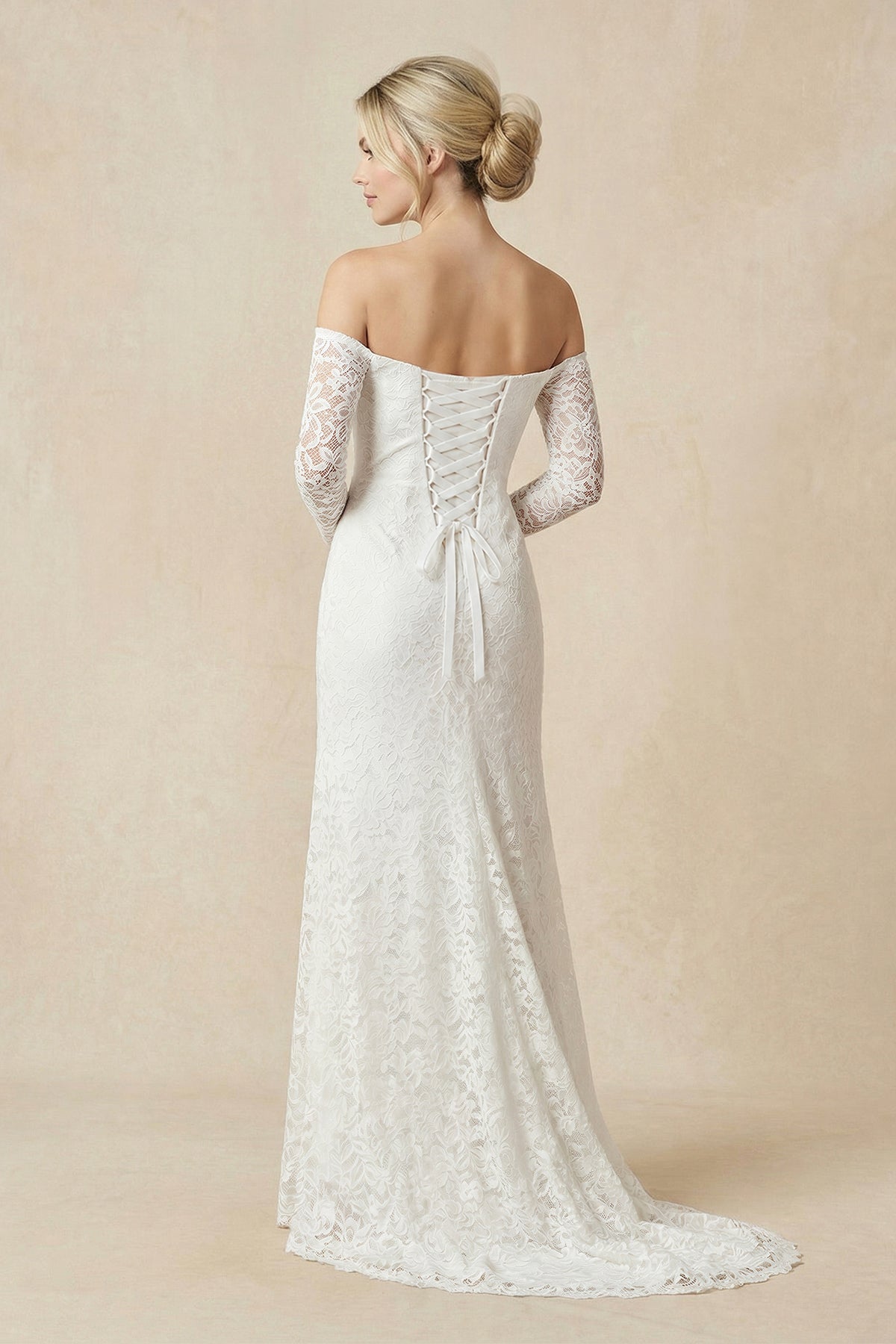 Strapless Long Sleeve A-Line Maternity Lace Wedding Dress with Train - Curvevia