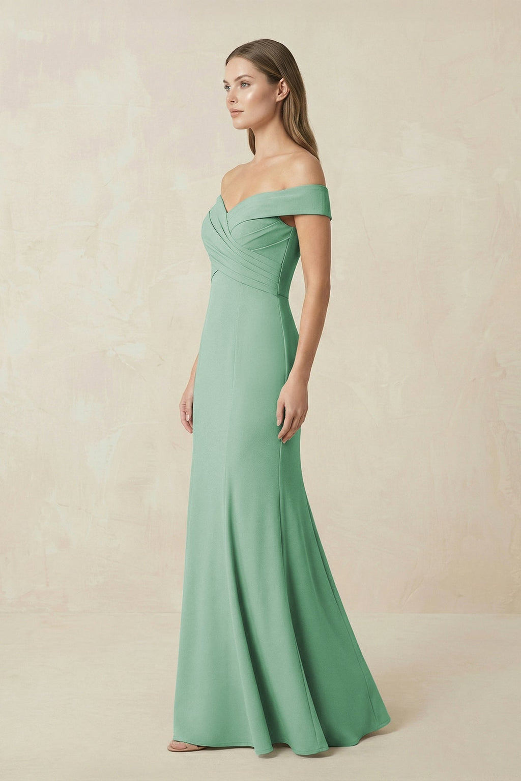 Off-the Shoulder Mermaid Chiffon Bridesmaid Dress in Sea Glass - Curvevia