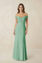 Off-the Shoulder Mermaid Chiffon Bridesmaid Dress in Sea Glass - Curvevia