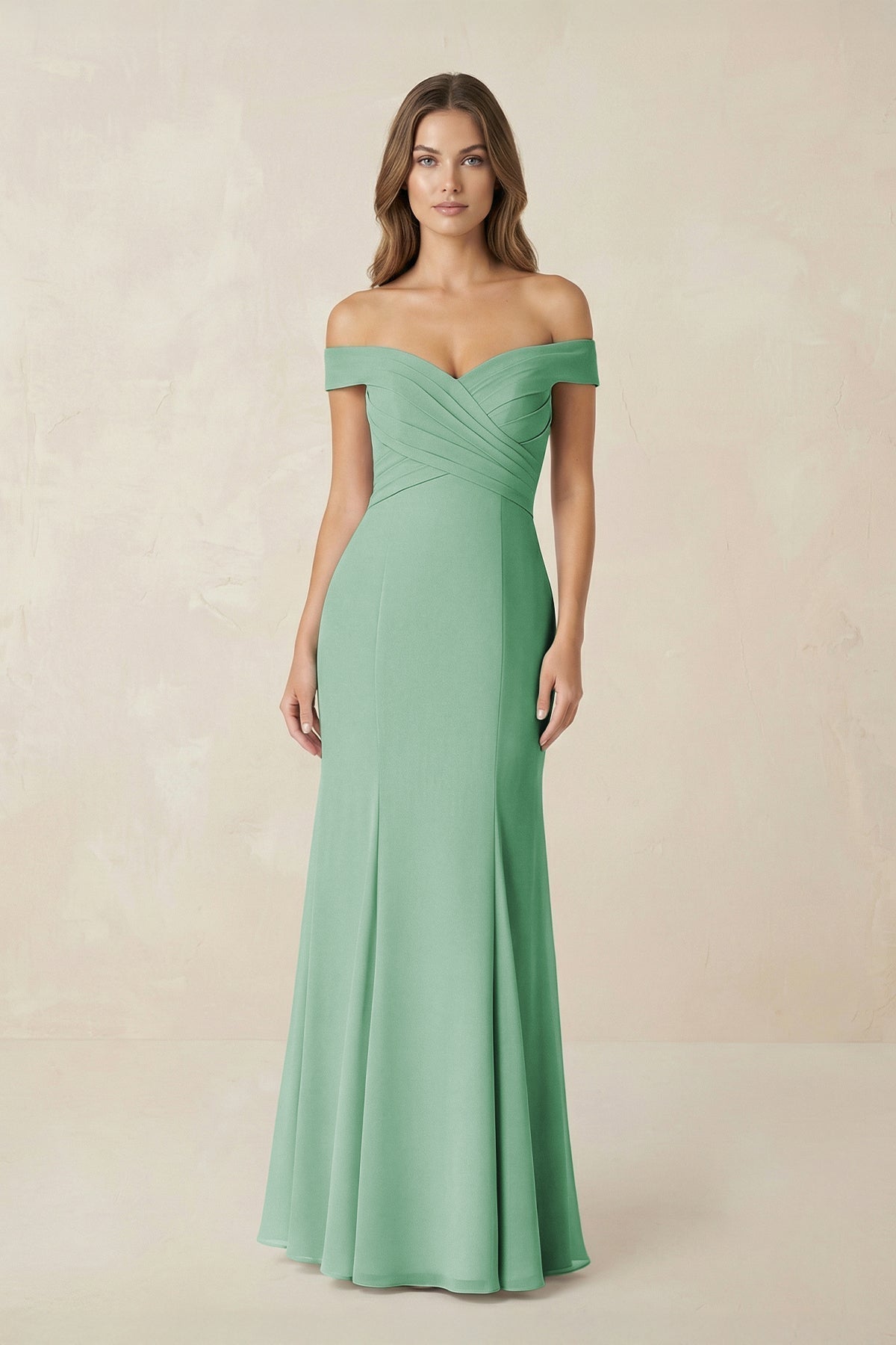 Off-the Shoulder Mermaid Chiffon Bridesmaid Dress in Sea Glass - Curvevia