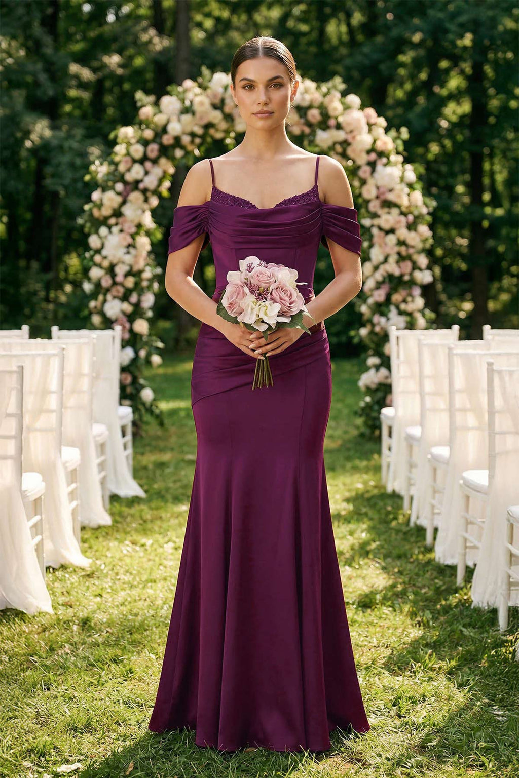 Off-the-Shoulder Mermaid Ruched Bridesmaid Dress in Fig - Curvevia