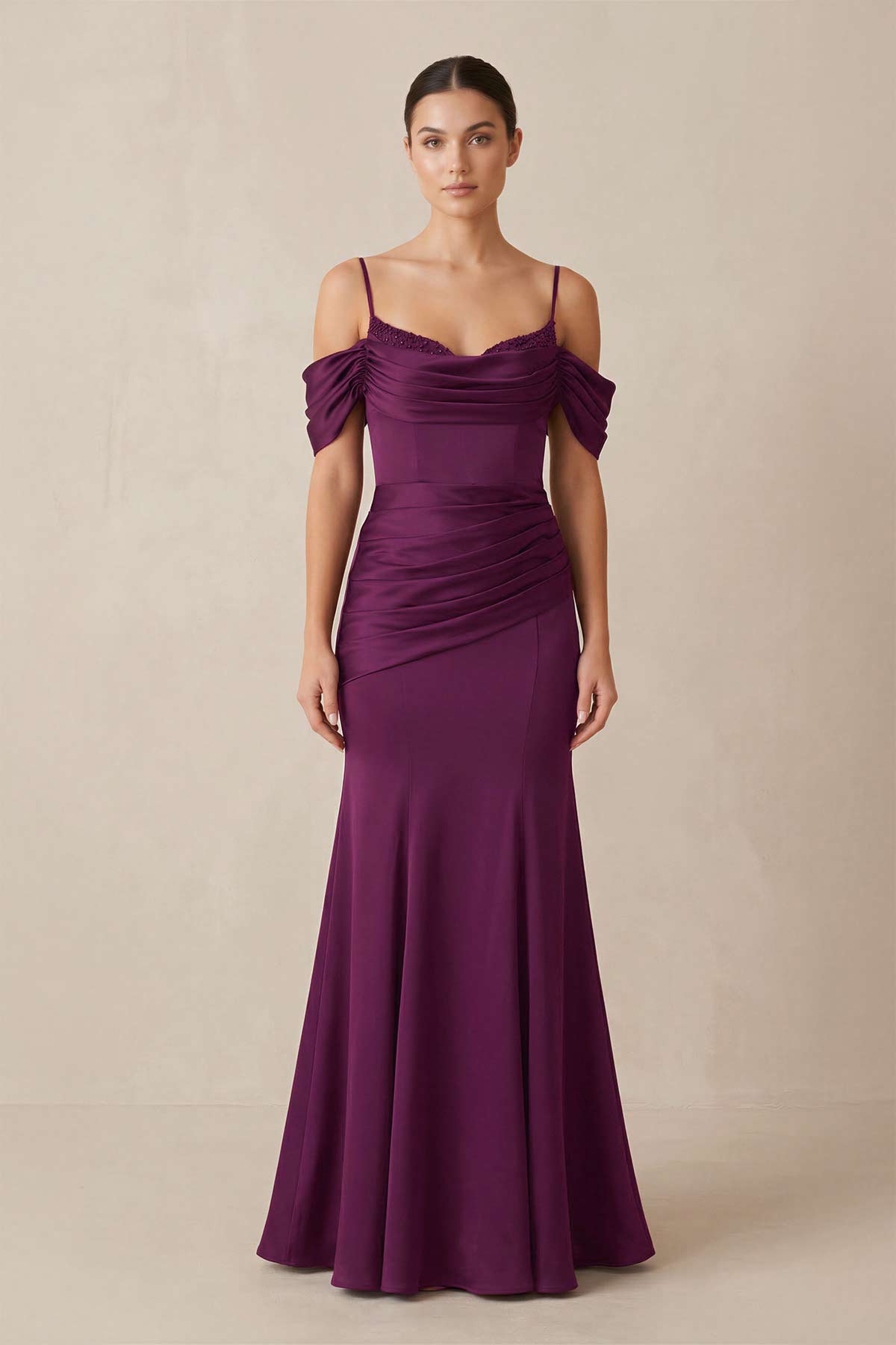 Off-the-Shoulder Mermaid Ruched Bridesmaid Dress in Fig - Curvevia