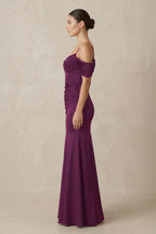 Off-the-Shoulder Mermaid Ruched Bridesmaid Dress in Fig - Curvevia