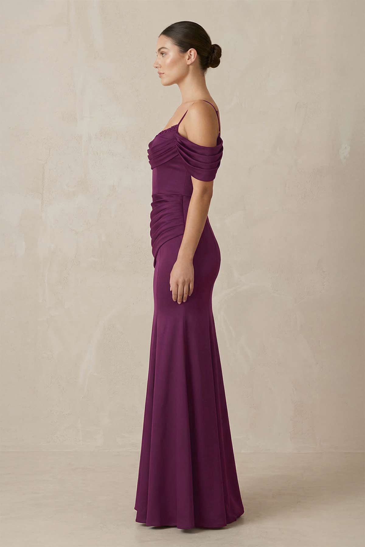 Off-the-Shoulder Mermaid Ruched Bridesmaid Dress in Fig - Curvevia