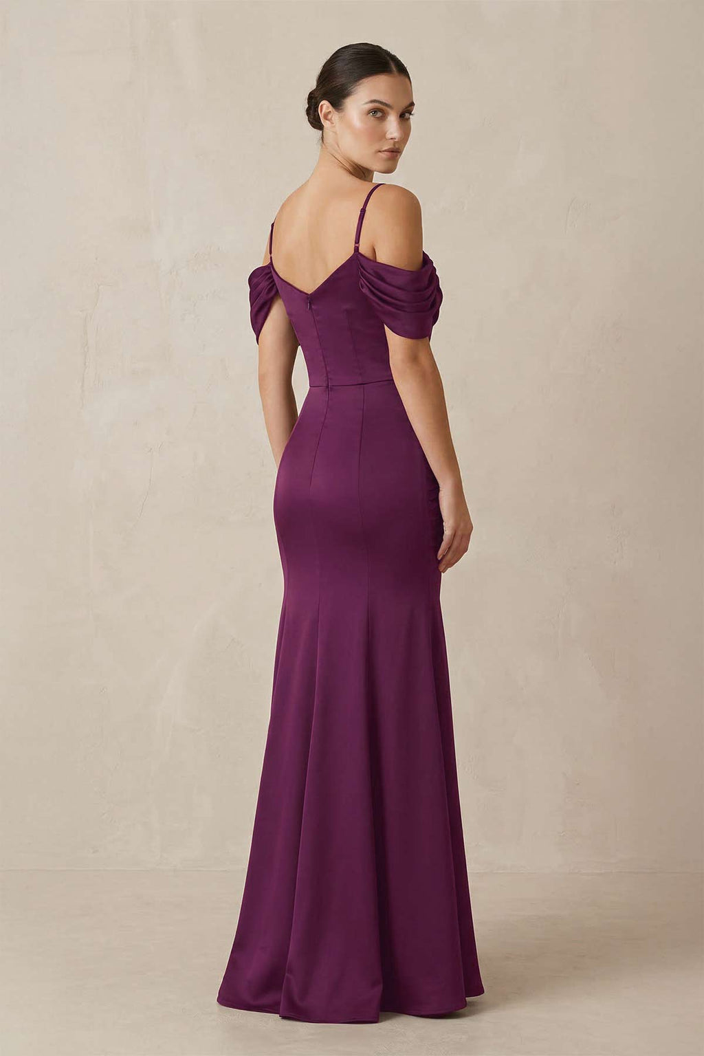 Off-the-Shoulder Mermaid Ruched Bridesmaid Dress in Fig - Curvevia