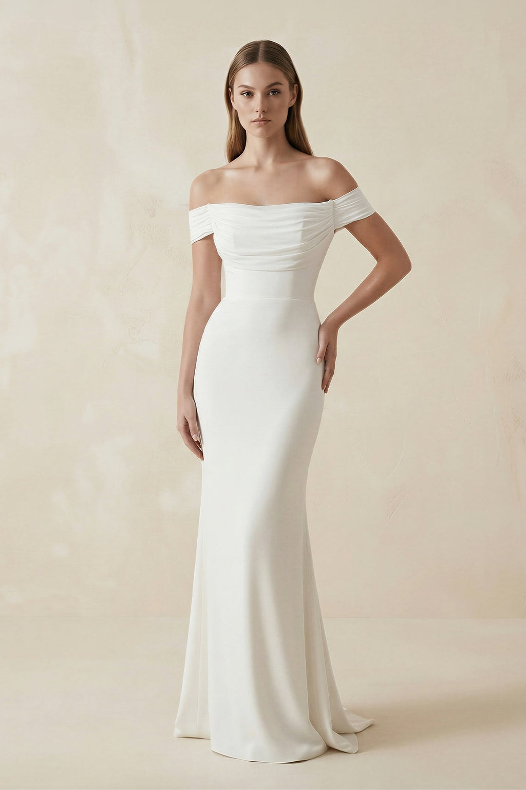 Off-the-shoulder Elegant Mermaid Satin Wedding Dress With Tiers And V-back - Curvevia