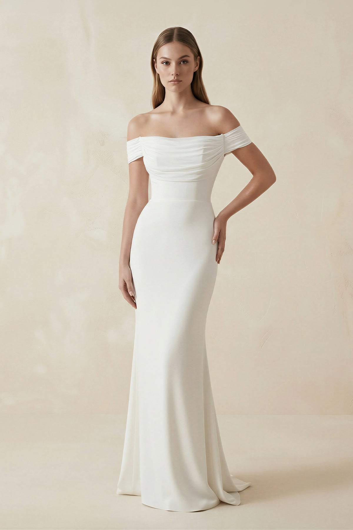 Off-the-shoulder Elegant Mermaid Satin Wedding Dress With Tiers And V-back - Curvevia