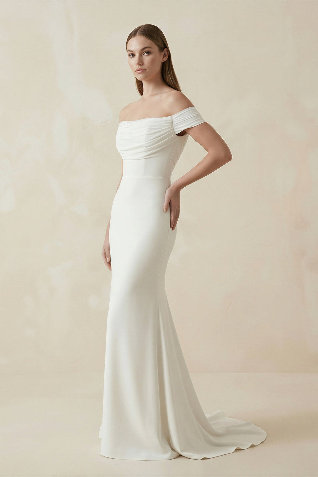 Off-the-shoulder Elegant Mermaid Satin Wedding Dress With Tiers And V-back - Curvevia