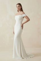 Off-the-shoulder Elegant Mermaid Satin Wedding Dress With Tiers And V-back - Curvevia
