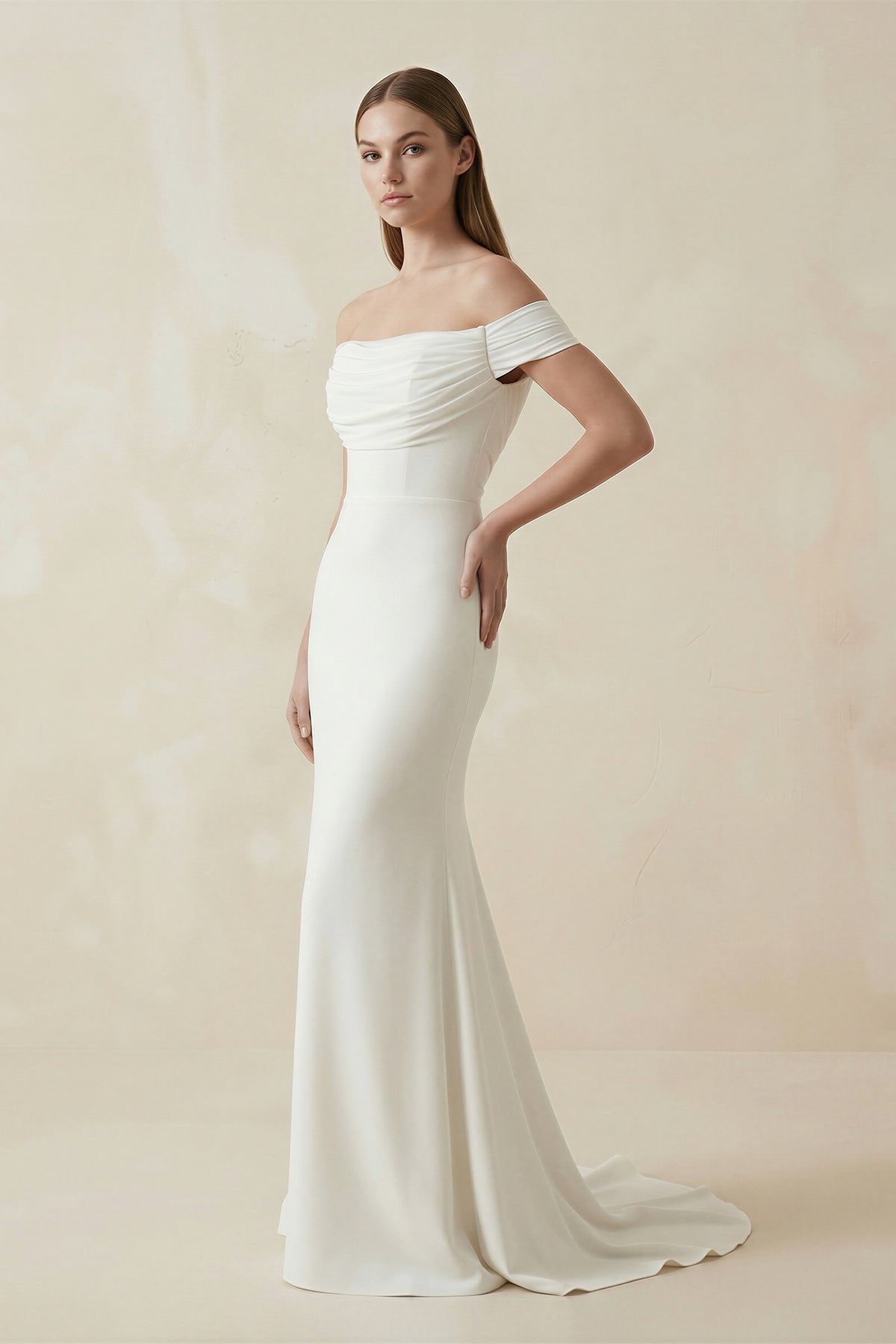 Off-the-shoulder Elegant Mermaid Satin Wedding Dress With Tiers And V-back - Curvevia