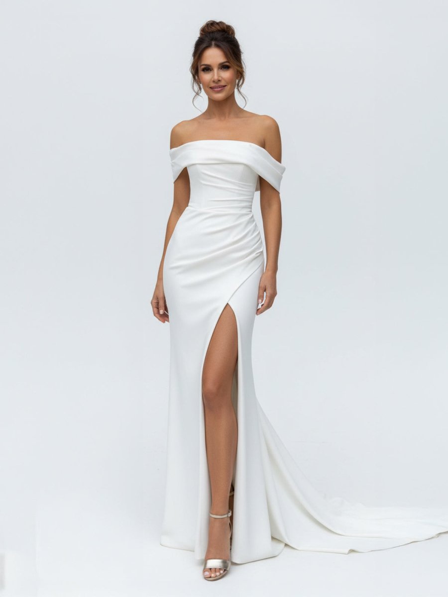Mermaid Satin Off-the-Shoulder Sheath Wedding Dress with Zipper and Slit - Curvevia