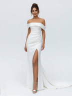 Mermaid Satin Off-the-Shoulder Sheath Wedding Dress with Zipper and Slit - Curvevia