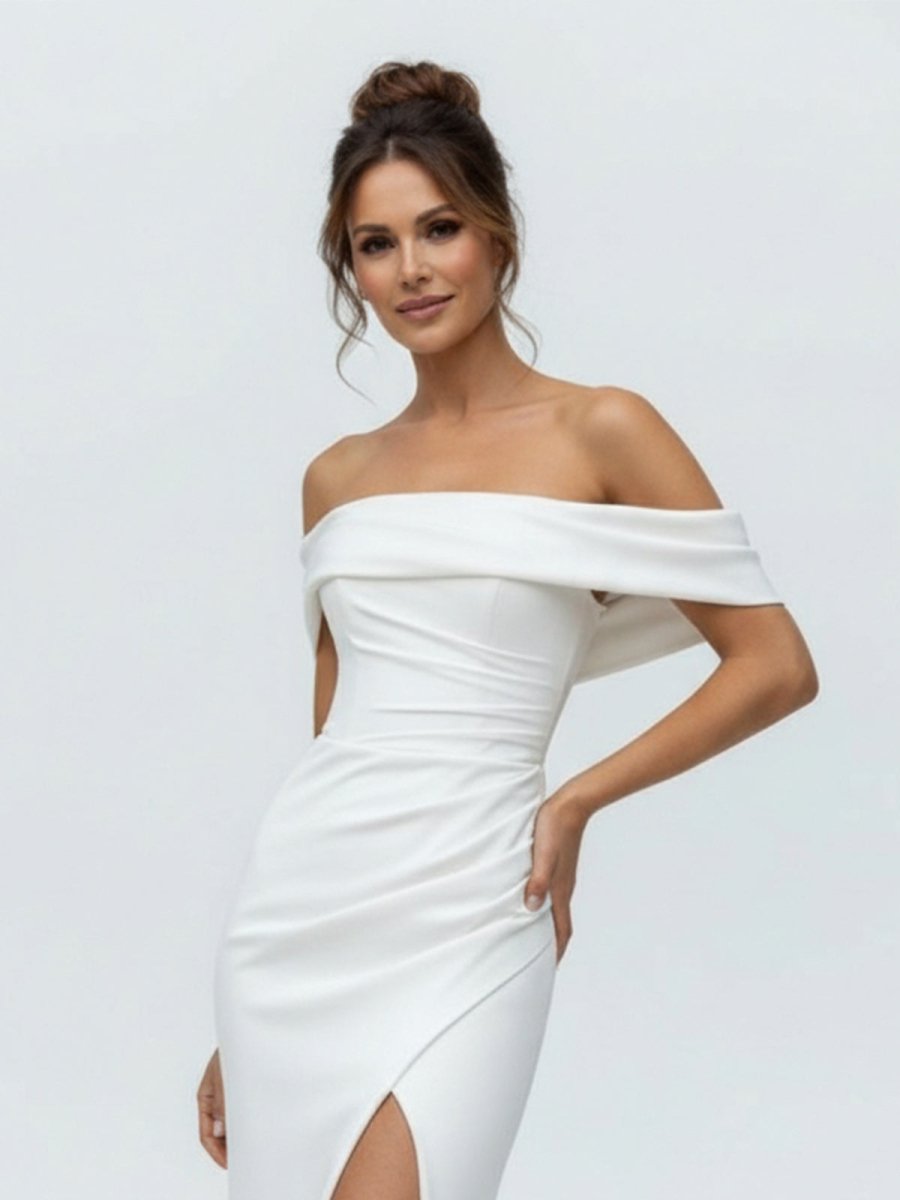 Mermaid Satin Off-the-Shoulder Sheath Wedding Dress with Zipper and Slit - Curvevia