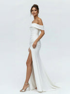 Mermaid Satin Off-the-Shoulder Sheath Wedding Dress with Zipper and Slit - Curvevia