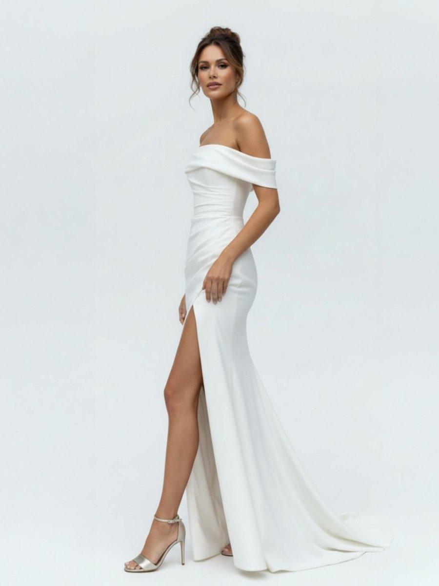 Mermaid Satin Off-the-Shoulder Sheath Wedding Dress with Zipper and Slit - Curvevia
