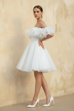 A-Line Off-The-Shoulder Sleeveless Short Mini Organza Wedding Dresses - Curvevia