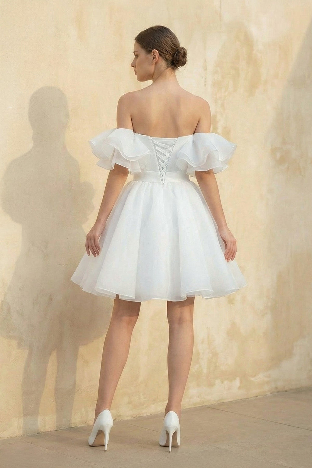 A-Line Off-The-Shoulder Sleeveless Short Mini Organza Wedding Dresses - Curvevia