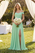Off-the-Shoulder Pleated A-Line Chiffon Mother of the Bride Dress in Pale Pistachio - Curvevia