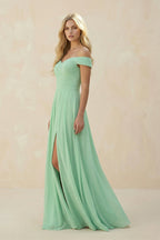 Off-the-Shoulder Pleated A-Line Chiffon Mother of the Bride Dress in Pale Pistachio - Curvevia