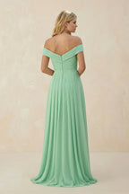 Off-the-Shoulder Pleated A-Line Chiffon Mother of the Bride Dress in Pale Pistachio - Curvevia