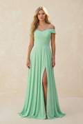 Off-the-Shoulder Pleated A-Line Chiffon Mother of the Bride Dress in Pale Pistachio - Curvevia