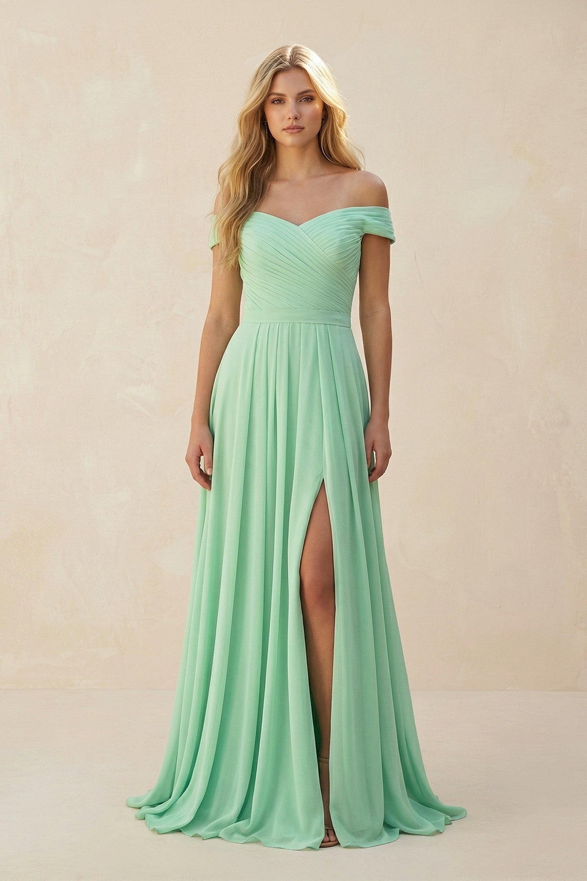 Off-the-Shoulder Pleated A-Line Chiffon Mother of the Bride Dress in Pale Pistachio - Curvevia
