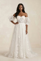 Off-the-Shoulder Puff Sleeves Appliqued Wedding Dress in White - Curvevia