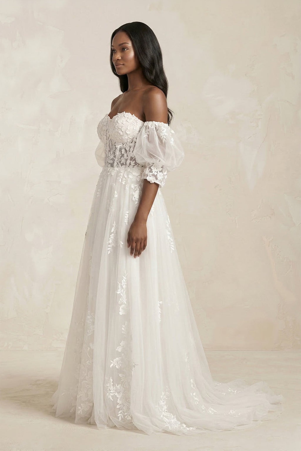 Off-the-Shoulder Puff Sleeves Appliqued Wedding Dress in White - Curvevia