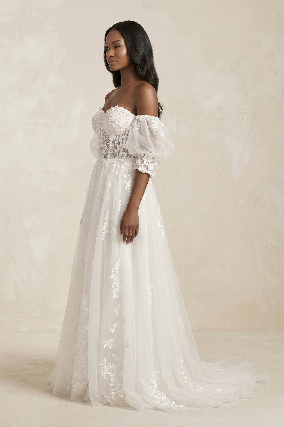 Off-the-Shoulder Puff Sleeves Appliqued Wedding Dress in White - Curvevia