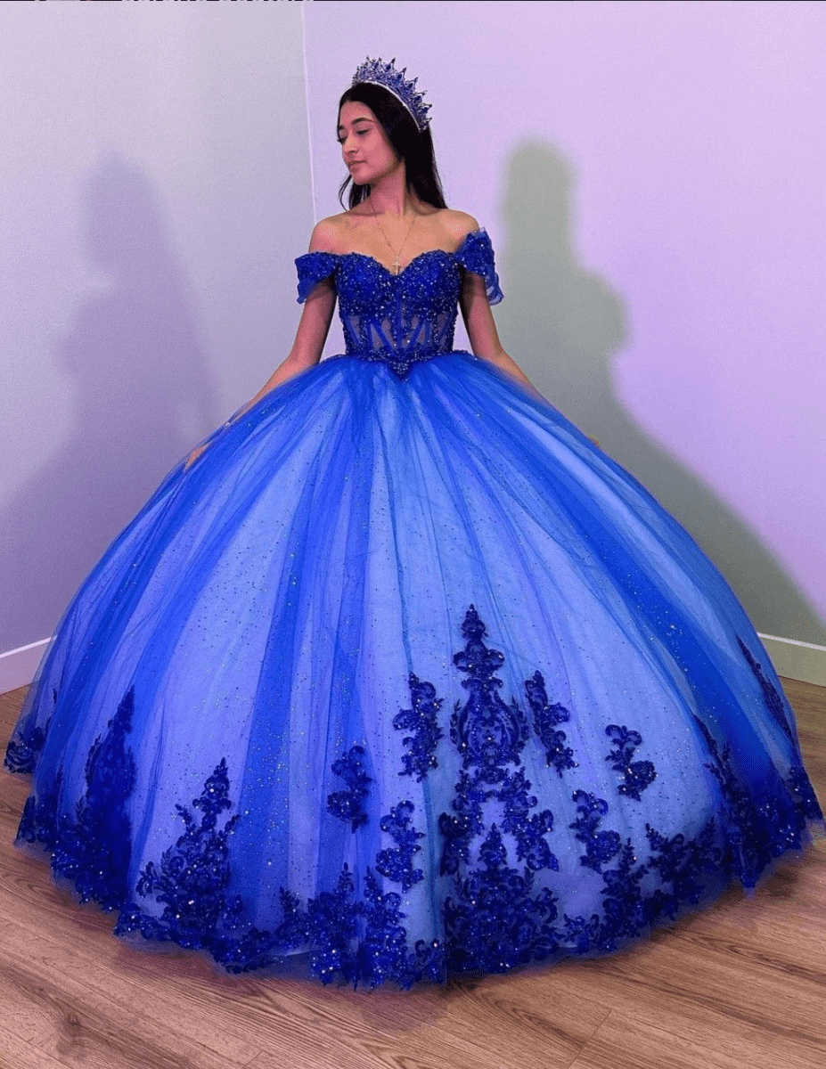 Royal Blue Tulle Off The Shoulder Quinceanera Dress - Curvevia