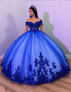Royal Blue Tulle Off The Shoulder Quinceanera Dress - Curvevia