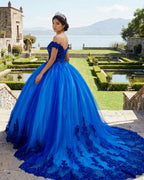 Royal Blue Tulle Off The Shoulder Quinceanera Dress - Curvevia