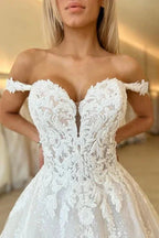 Off the Shoulder Romantic Lace Wedding Dress Bridal Gown - Curvevia