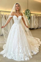 Off the Shoulder Romantic Lace Wedding Dress Bridal Gown - Curvevia