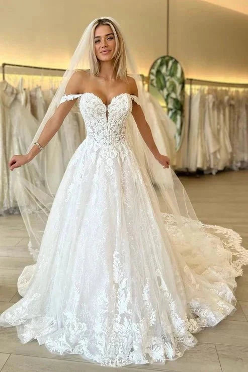 Off the Shoulder Romantic Lace Wedding Dress Bridal Gown - Curvevia