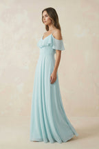 Off-the-Shoulder Ruffled A-Line Chiffon Bridesmaid Dress in Sky Blue - Curvevia