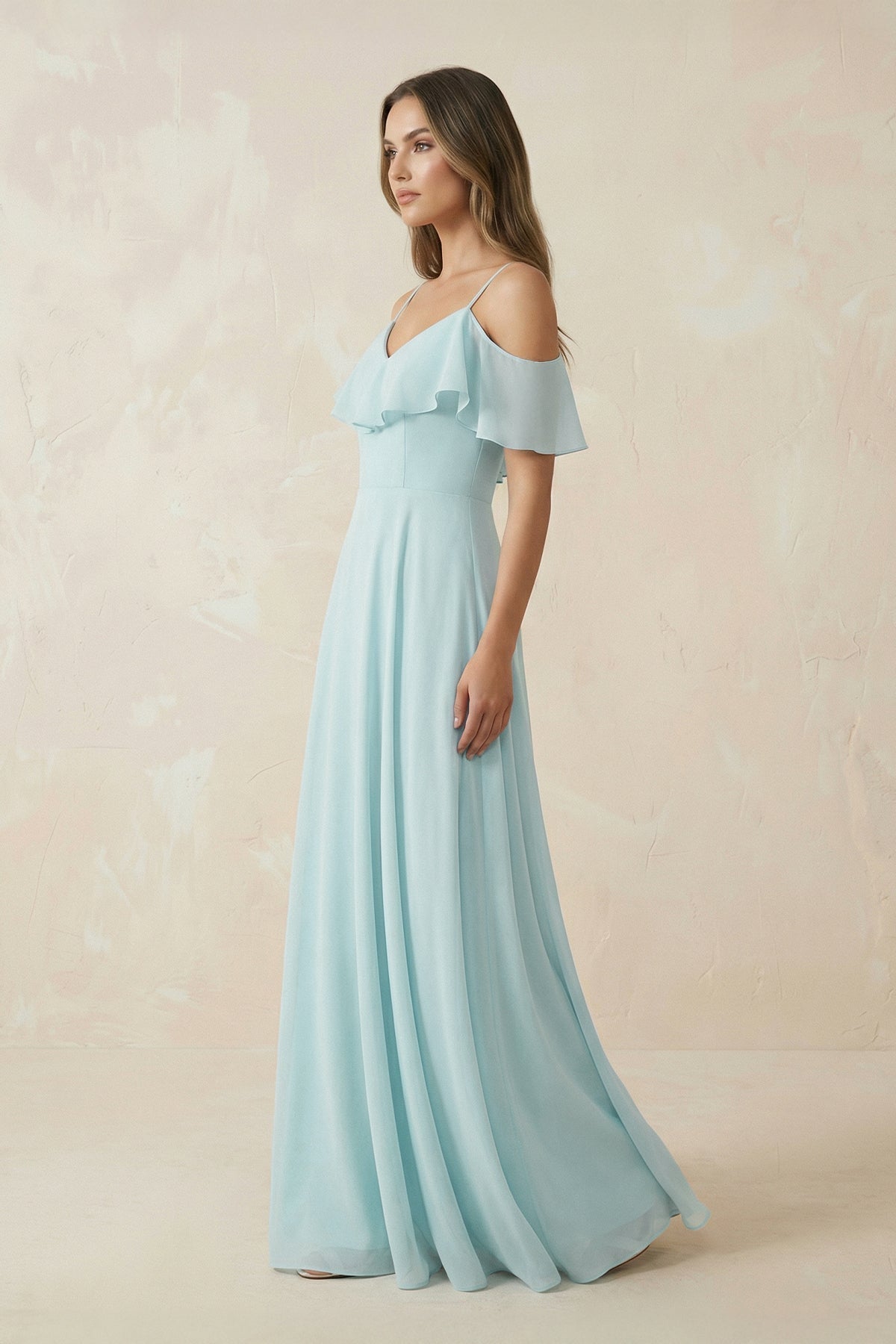 Off-the-Shoulder Ruffled A-Line Chiffon Bridesmaid Dress in Sky Blue - Curvevia