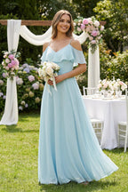 Off-the-Shoulder Ruffled A-Line Chiffon Bridesmaid Dress in Sky Blue - Curvevia
