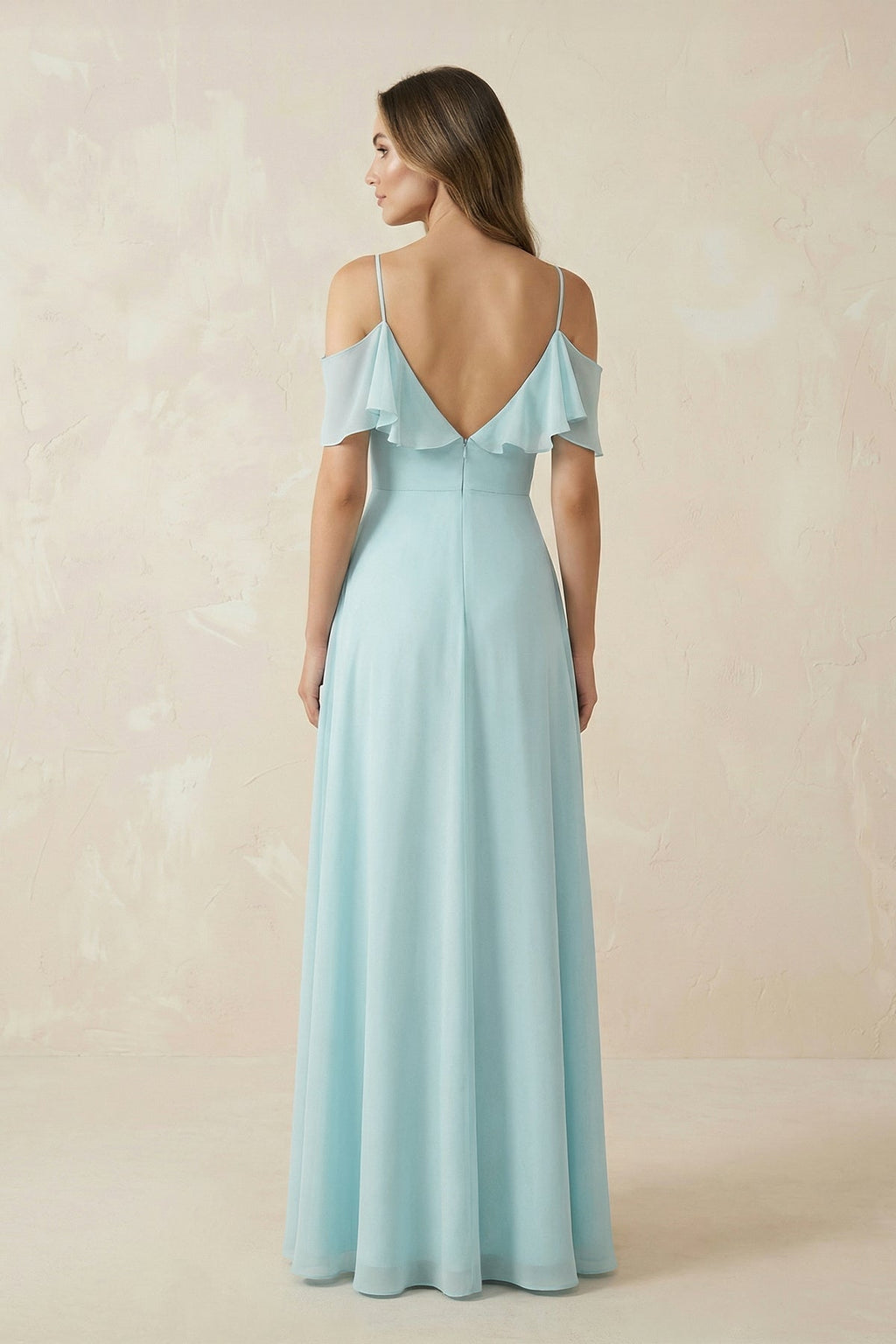 Off-the-Shoulder Ruffled A-Line Chiffon Bridesmaid Dress in Sky Blue - Curvevia