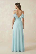Off-the-Shoulder Ruffled A-Line Chiffon Bridesmaid Dress in Sky Blue - Curvevia