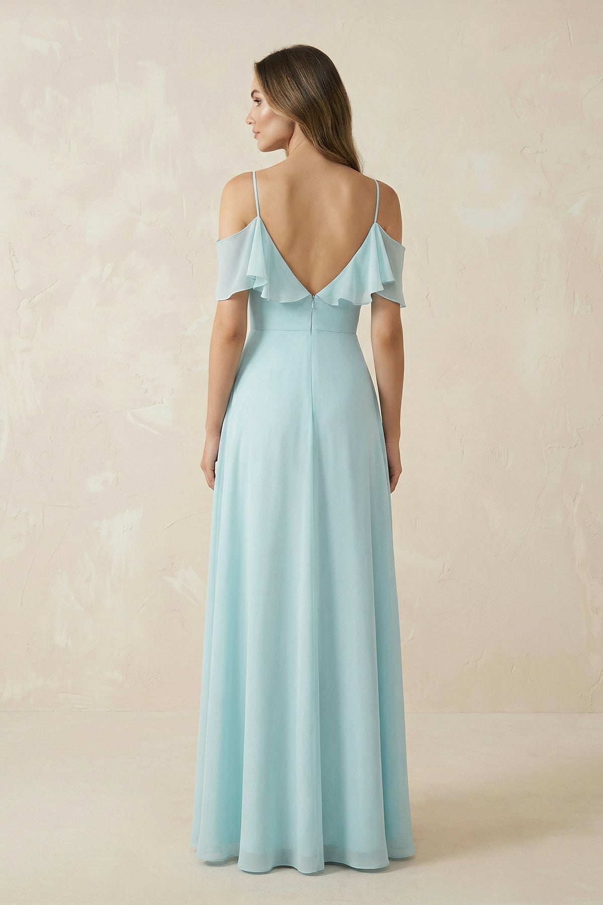 Off-the-Shoulder Ruffled A-Line Chiffon Bridesmaid Dress in Sky Blue - Curvevia