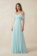 Off-the-Shoulder Ruffled A-Line Chiffon Bridesmaid Dress in Sky Blue - Curvevia