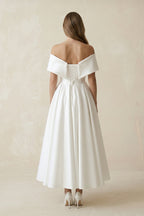 Off-the-Shoulder Satin A-Line Ruhed Wedding Dress in White - Curvevia