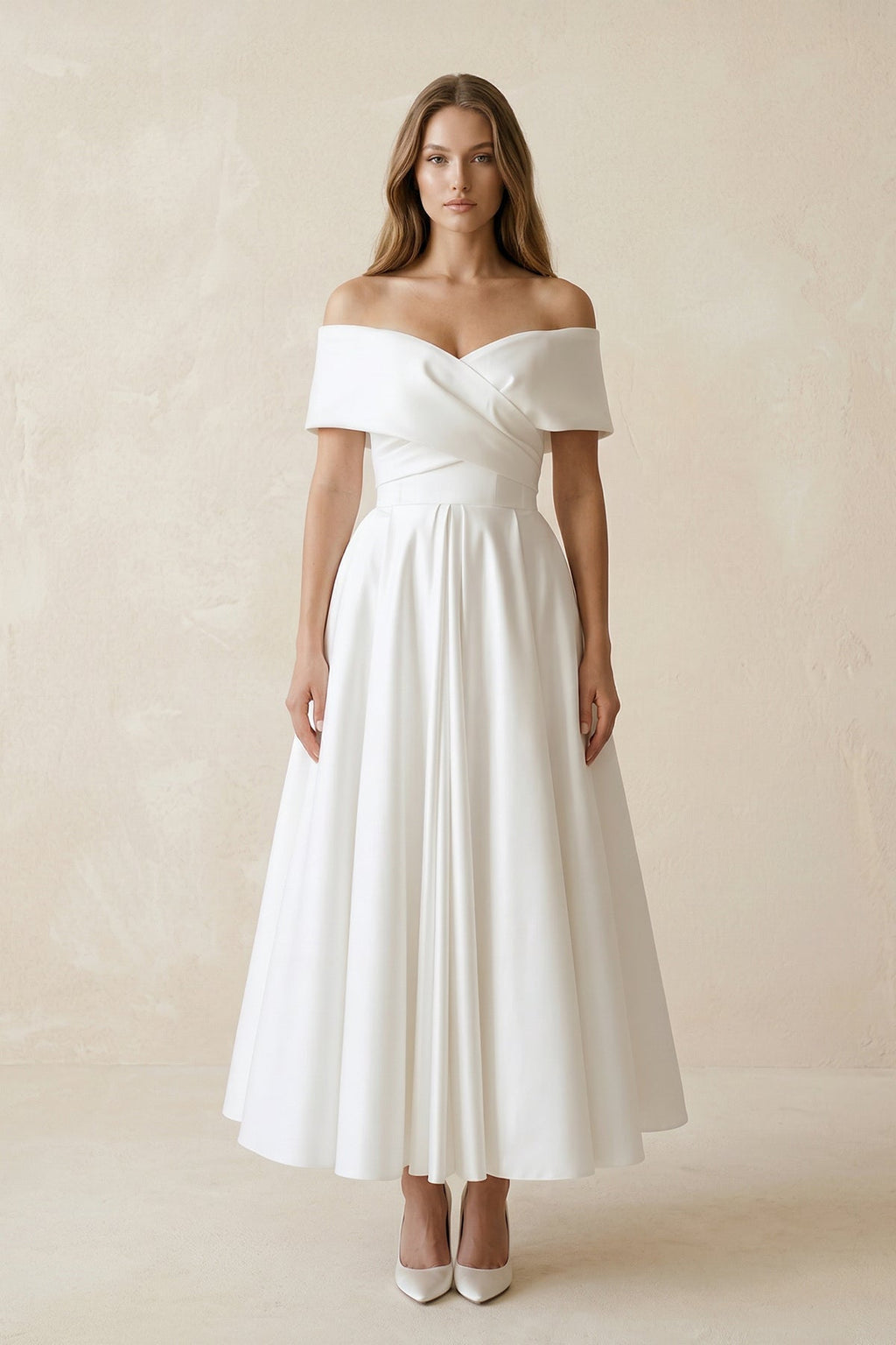 Off-the-Shoulder Satin A-Line Ruhed Wedding Dress in White - Curvevia
