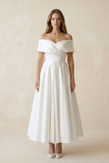 Off-the-Shoulder Satin A-Line Ruhed Wedding Dress in White - Curvevia