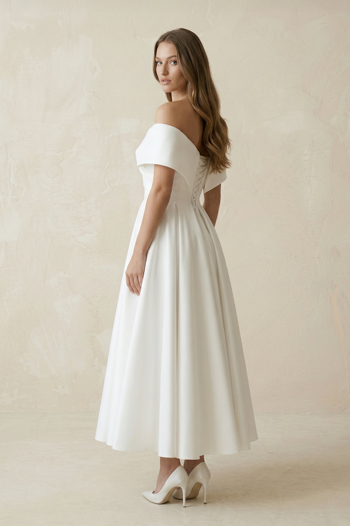 Off-the-Shoulder Satin A-Line Ruhed Wedding Dress in White - Curvevia
