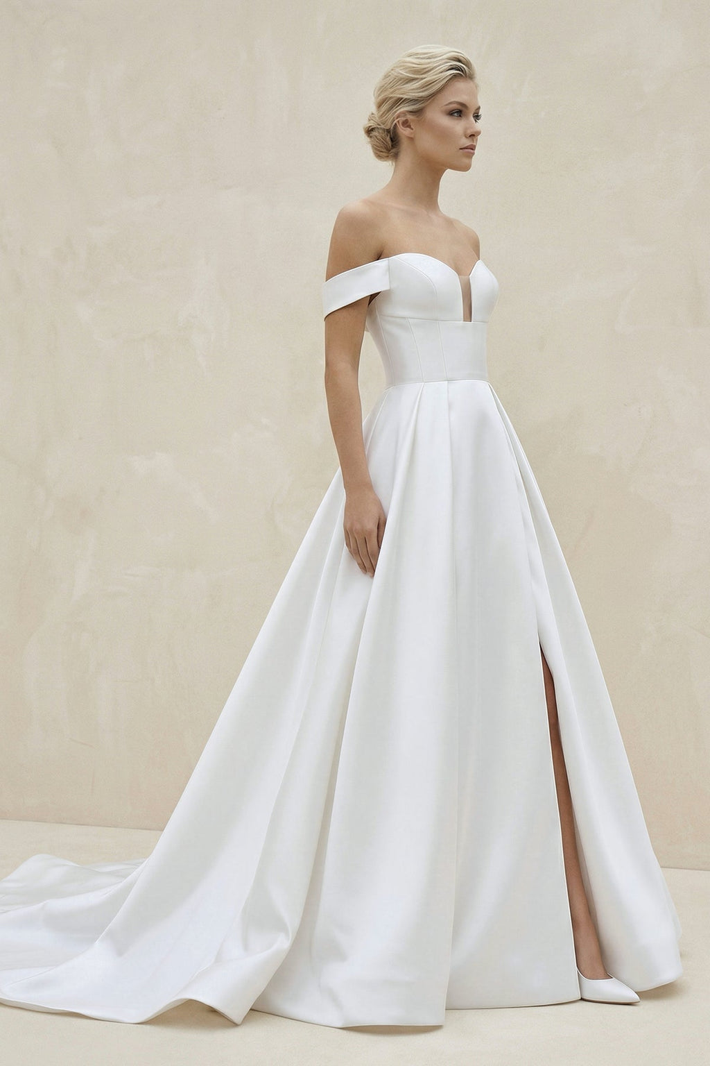 A-Line V Neck Satin Wedding Dresses with Detachable Straps - Curvevia