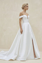 A-Line V Neck Satin Wedding Dresses with Detachable Straps - Curvevia